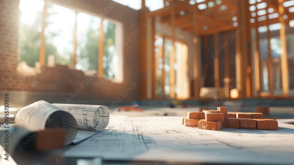 Construction site with bricks, blueprints, and a house frame, showing the structured approach to building from design to execution. Construction site with bricks, blueprints, and a house frame, showing the structured approach to building from design to execution.