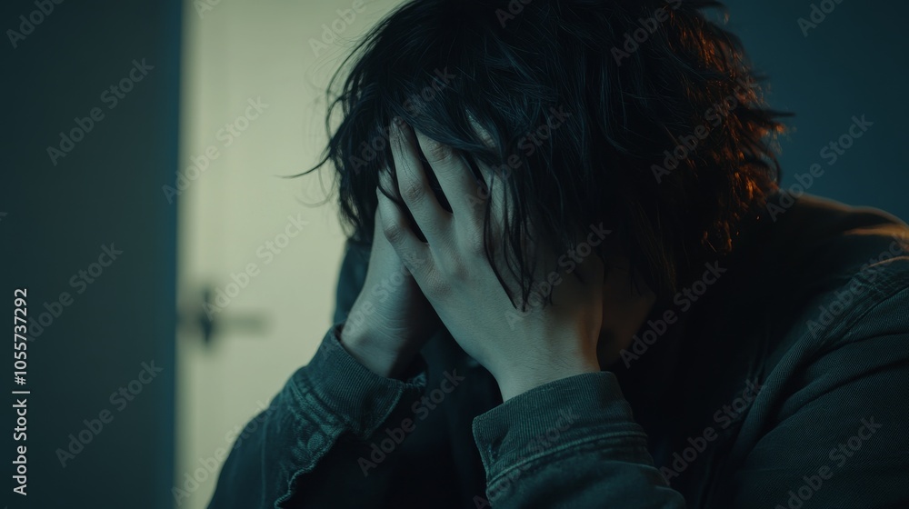 Man is crying in a dark room Man is crying in a dark room