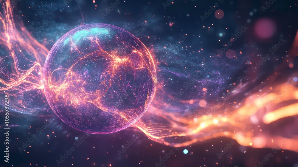 A vibrant, cosmic scene featuring a glowing orb amidst swirling energy and particles. A vibrant, cosmic scene featuring a glowing orb amidst swirling energy and particles.