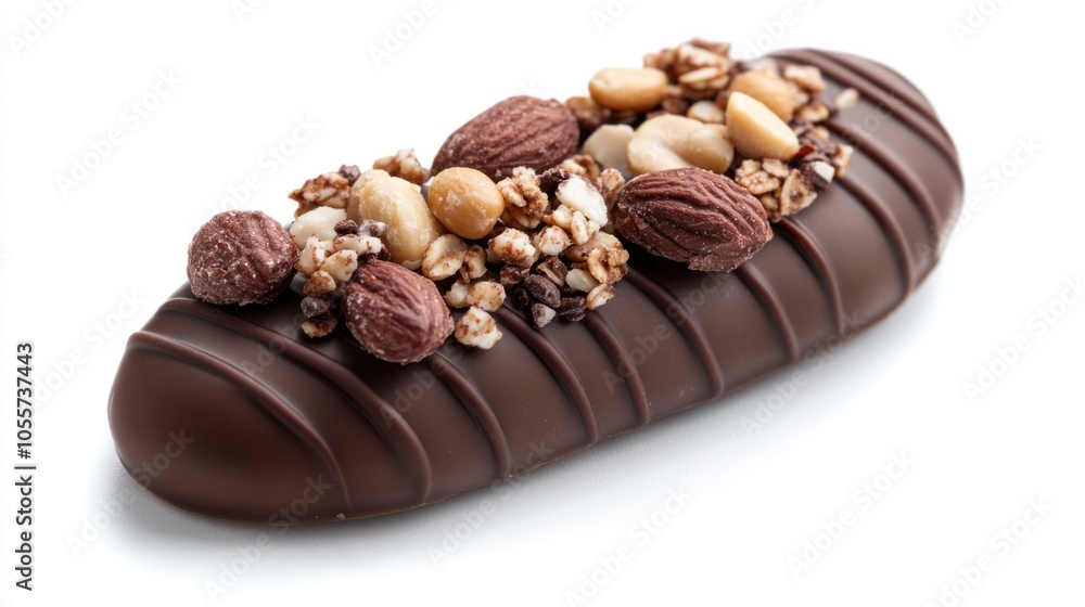 Close-up of chocolate-coated protein bar with granola and peanut toppings, showing indulgent textures, isolated on white Close-up of chocolate-coated protein bar with granola and peanut toppings, showing indulgent textures, isolated on white