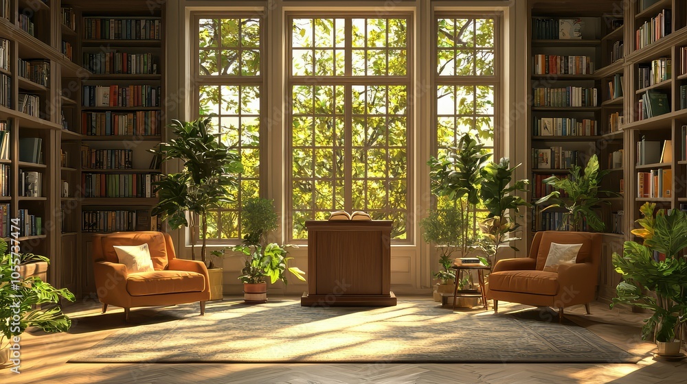 Fototapeta premium Cozy Reading Podium in a Serene Library Setting