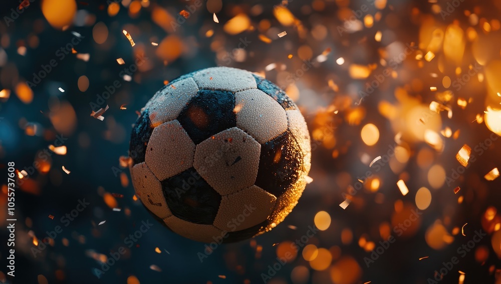 Fototapeta premium Soccer Ball Flying in the Air with Stadium Lights and Confetti, High-Quality Football Match Illustration