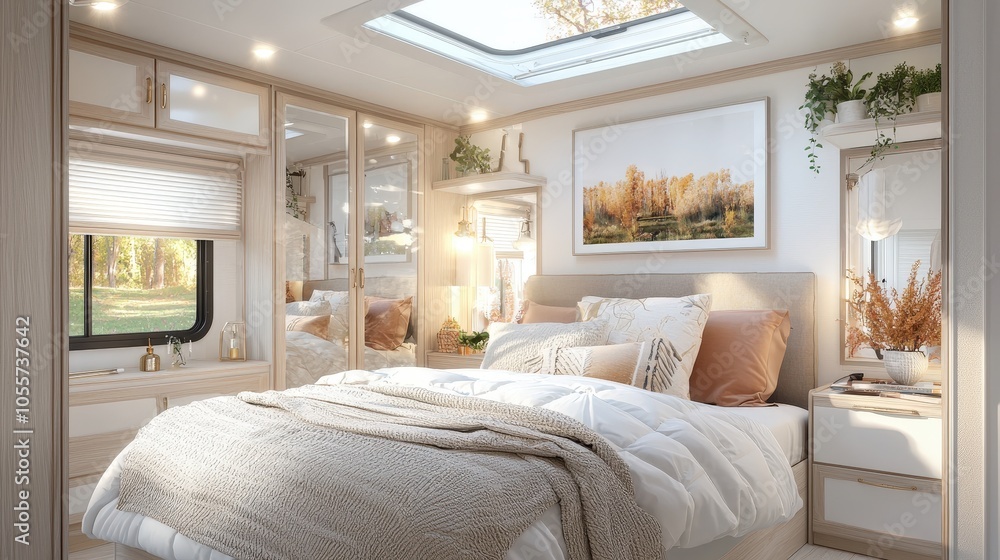 Fototapeta premium Cozy Inviting Bedroom Setup in Travel Trailer