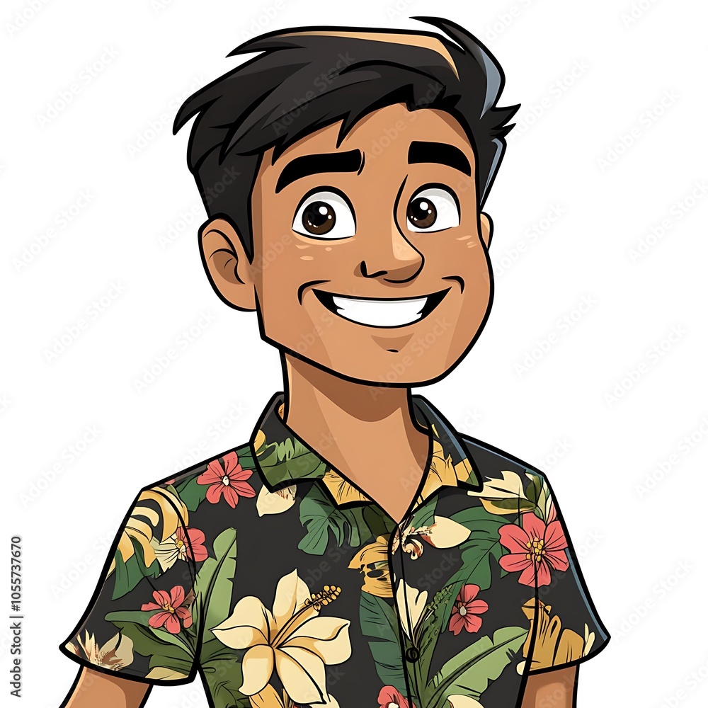 Cartoon guy with a relaxed smile wearing a Hawaiian shirt on a white background. Cartoon guy with a relaxed smile wearing a Hawaiian shirt on a white background.