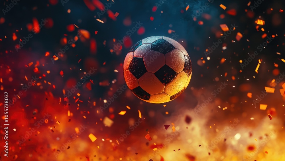 Fototapeta premium Soccer Ball Flying in the Air with Stadium Lights and Confetti, High-Quality Football Match Illustration