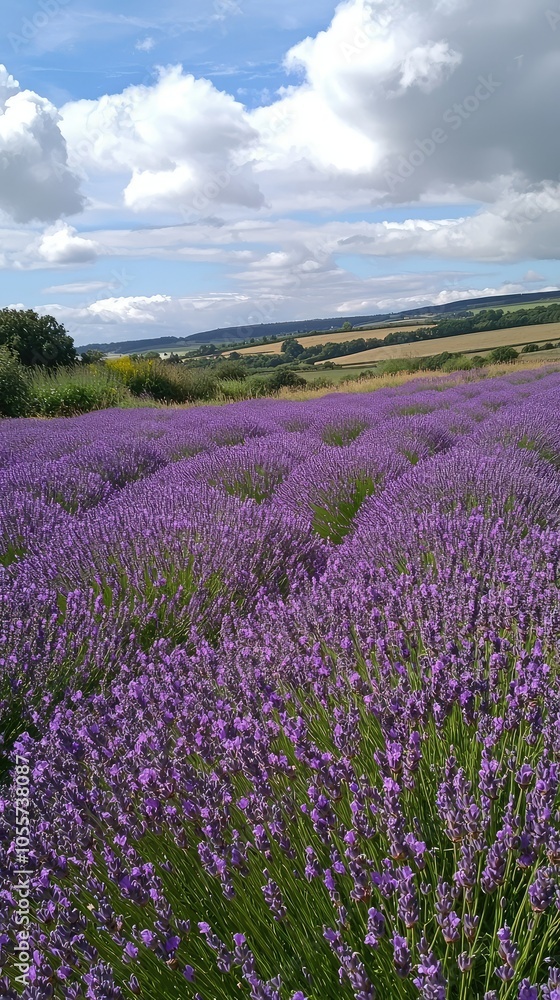 Naklejka premium Tranquil Lavender Field in Full Bloom Under Blue Sky