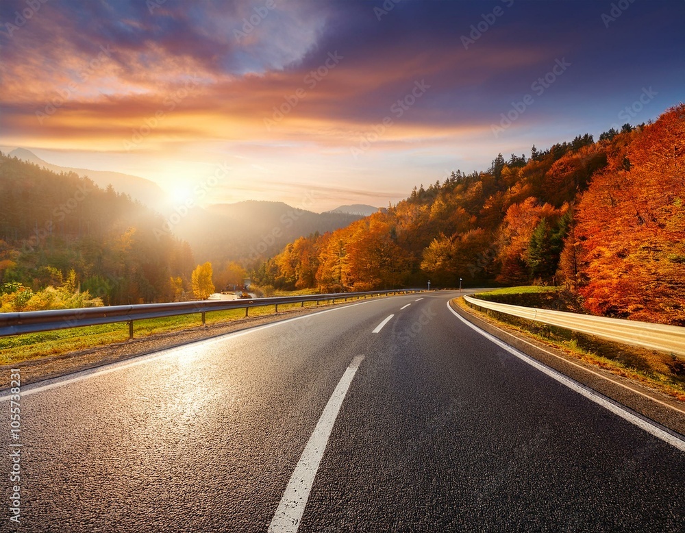 highway landscape in autumn. road view in the forest. autumn colors in nature landscape. highway landscape in autumn. road view in the forest. autumn colors in nature landscape.