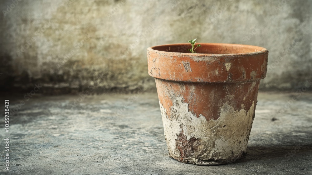 Small plant is growing in a cracked, old pot Small plant is growing in a cracked, old pot