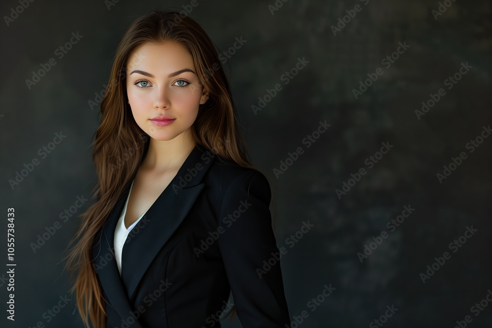 Portrait of caucasian business woman wearing black blazer while on grey background Portrait of caucasian business woman wearing black blazer while on grey background