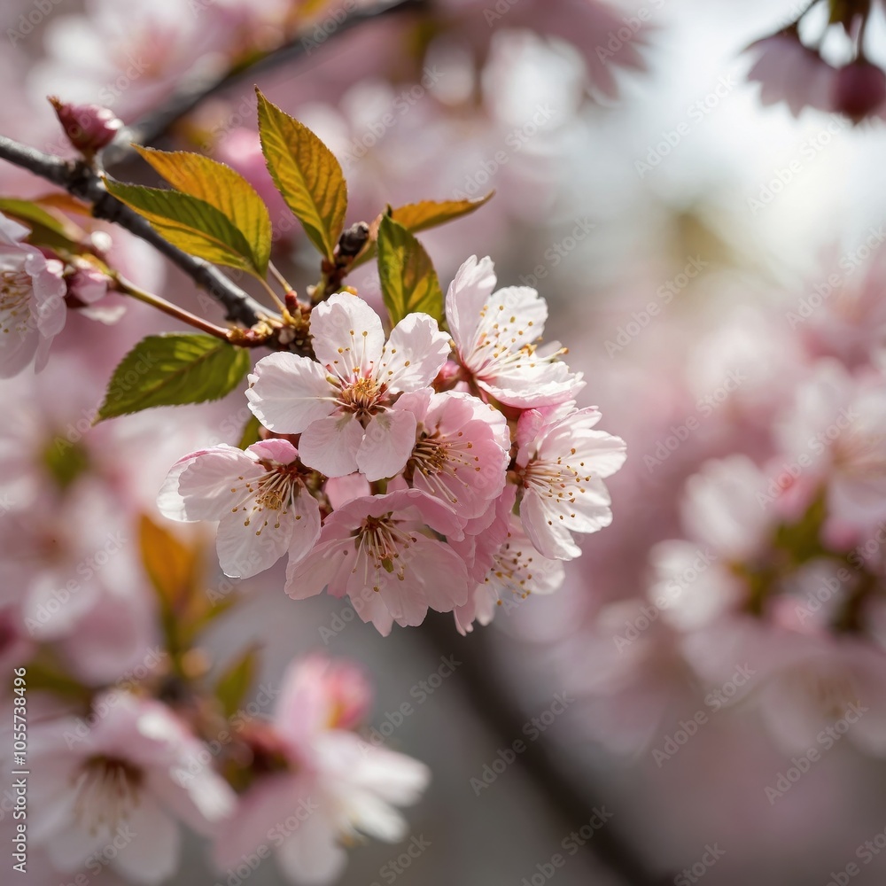 Obraz premium Cherry tree blossoms in full bloom, displaying clusters of delicate pink and white flowers, creating a stunning, fragrant spectacle that heralds spring's arrival