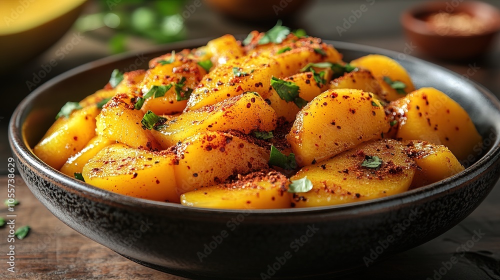 A bowl of sliced mango with chili powder A bowl of sliced mango with chili powder