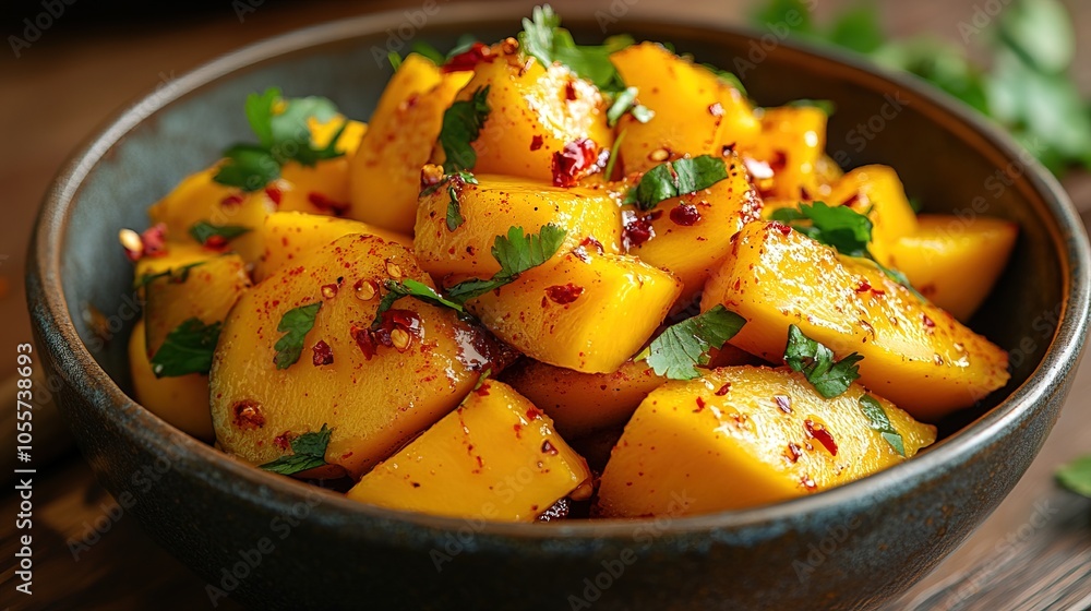 A bowl of sliced mango with chili powder A bowl of sliced mango with chili powder