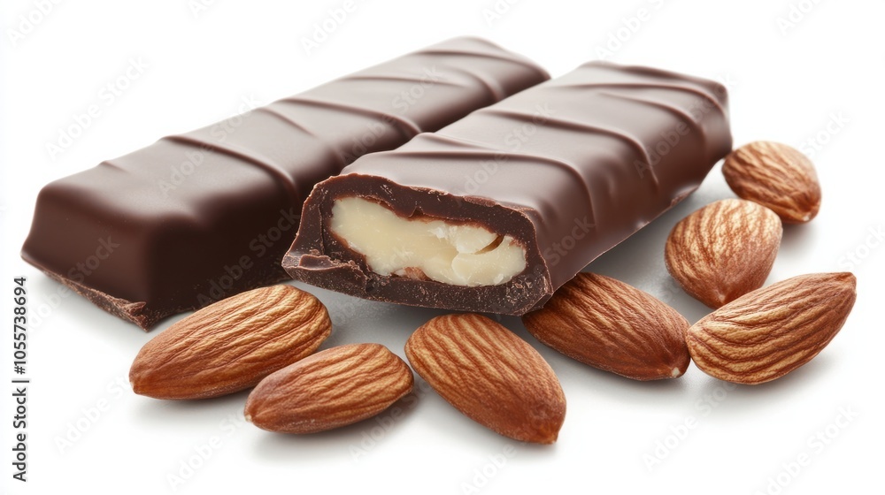 Protein bar with almond slices and chocolate coating, showing a delicious and nutritious snack, isolated on white Protein bar with almond slices and chocolate coating, showing a delicious and nutritious snack, isolated on white