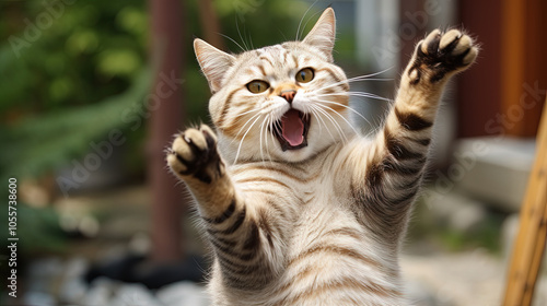 Funny surprised cat with a questioning pose. A cute kitten asks in surprise where the treats are.