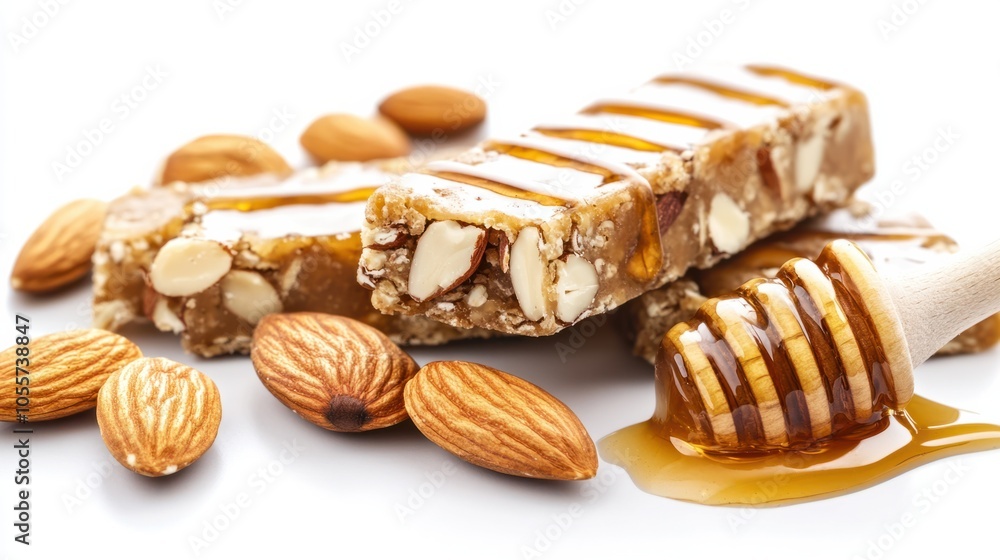 Protein bar with almonds and honey drizzle, perfect for post-workout nutrition, isolated on white Protein bar with almonds and honey drizzle, perfect for post-workout nutrition, isolated on white