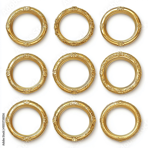circle and flower shaped gold vintage luxury frames set on white background