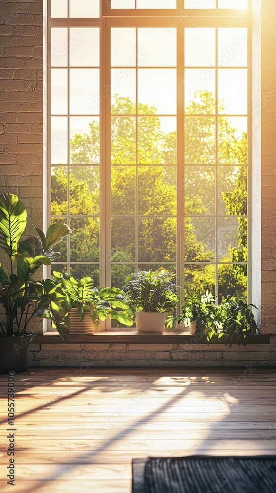 Sunlit Room with Large Windows and Greenery Sunlit Room with Large Windows and Greenery