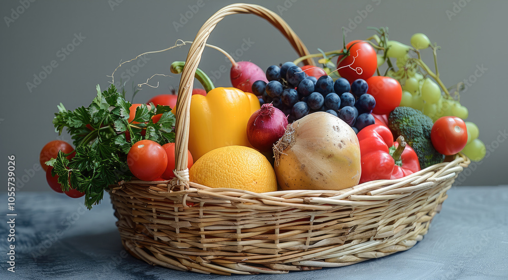 A basket of fruits and vegetables, Agriculture and food security. A basket of fruits and vegetables, Agriculture and food security.
