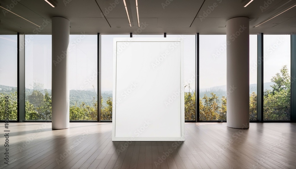 Blank vertical poster mockup in bright modern indoor space with large windows. Blank vertical poster mockup in bright modern indoor space with large windows.