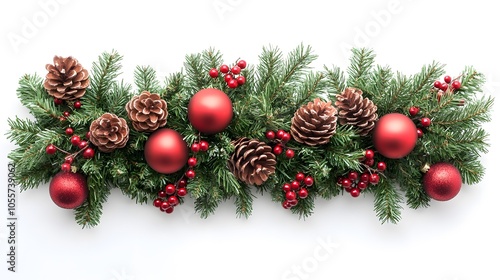 Christmas pine garland frame decorated with red baubles, pine cones, and festive berries, creating a symmetrical holiday border arrangement on white background.