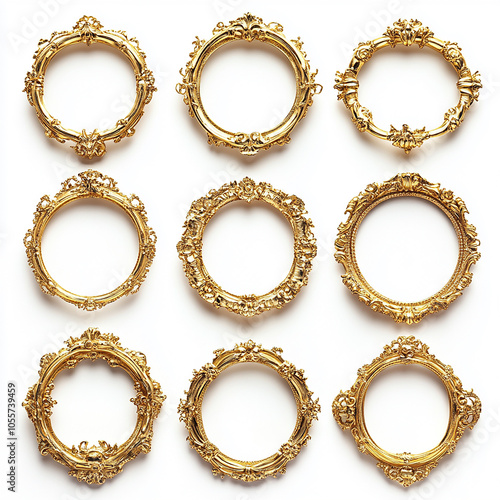 circle and flower shaped gold vintage luxury frames set on white background