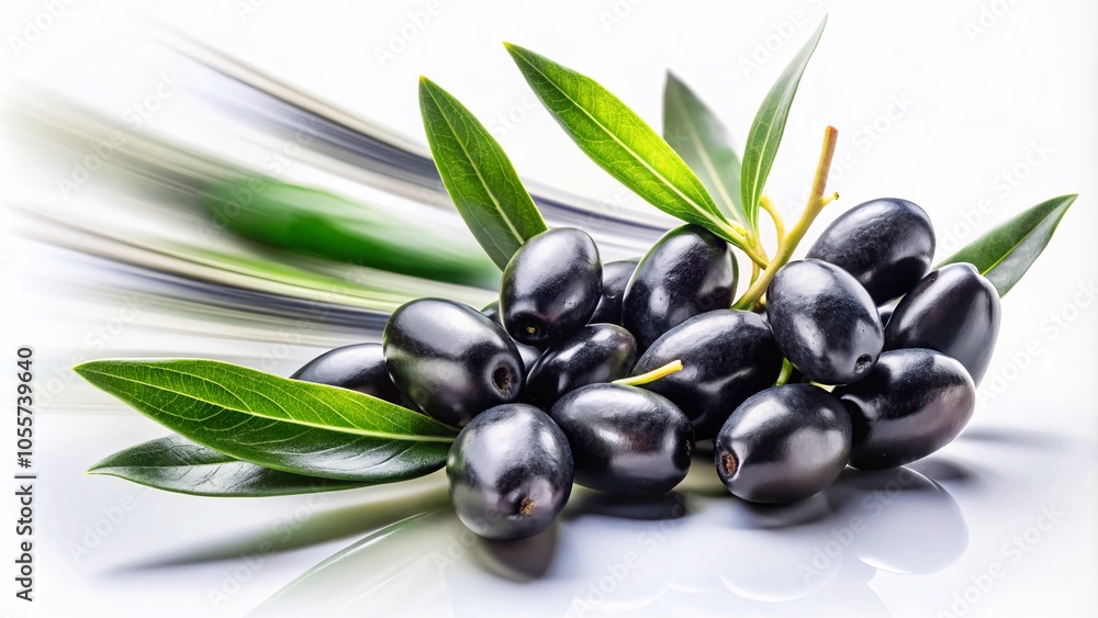 Black Olives with Leaves Isolated on White Background - Healthy Food Stock Image Black Olives with Leaves Isolated on White Background - Healthy Food Stock Image