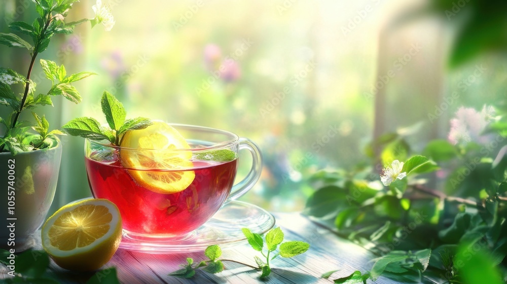 Tea moment with delicate herbal infusion of hibiscus, lemon slices, and mint leaves served in glass teacup with scenic garden view Tea moment with delicate herbal infusion of hibiscus, lemon slices, and mint leaves served in glass teacup with scenic garden view