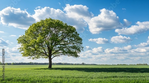 Large tree stands in a field of green grass