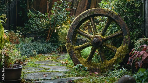 Serene View of Old Cart Wheel Covered in Moss
