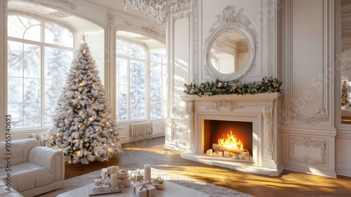 A cozy winter living room with a decorated Christmas tree and a warm fireplace.