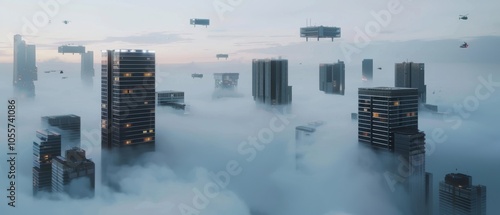 Futuristic skyscrapers cut through clouds, resembling levitating structures in a bustling metropolis at the break of day. photo