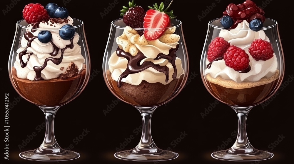Three delightful ice cream desserts are displayed in stylish glass cups, topped with fresh berries, whipped cream, and chocolate drizzle, creating an enticing treat Three delightful ice cream desserts are displayed in stylish glass cups, topped with fresh berries, whipped cream, and chocolate drizzle, creating an enticing treat