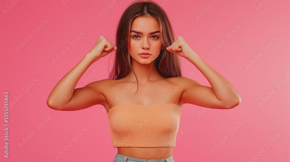 Obraz premium Photo of pretty young woman raise fists isolated on purple color background
