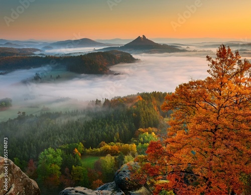 The beautiful autumn forests and sea of clouds sunrise of Singanense of China. photo