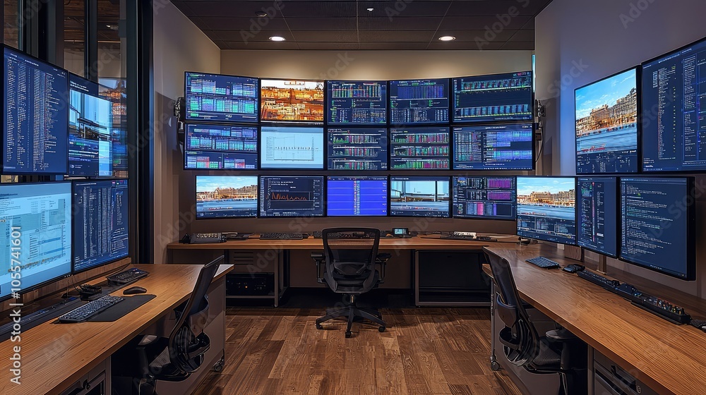 Naklejka premium Serene Control Room with Multiple Displays and Workstations