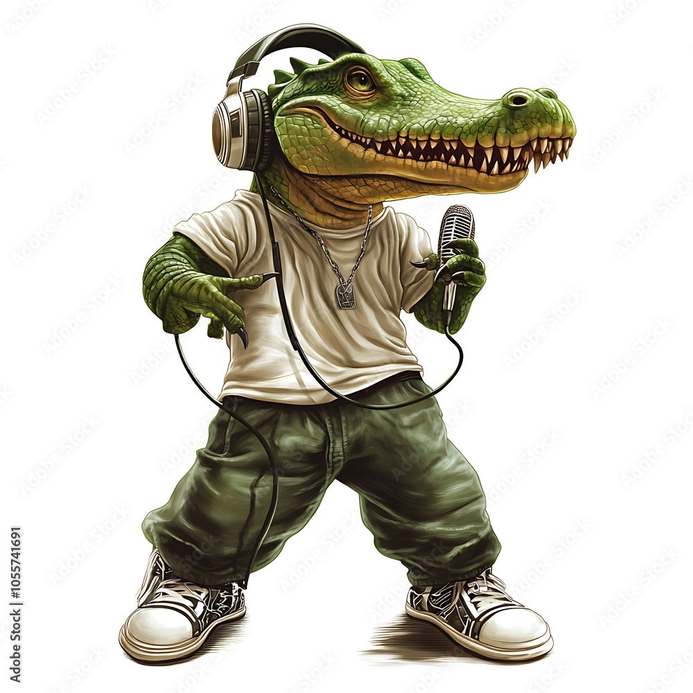 Cartoon crocodile wearing baggy pants, headphones, and holding a mic on a white background. Cartoon crocodile wearing baggy pants, headphones, and holding a mic on a white background.