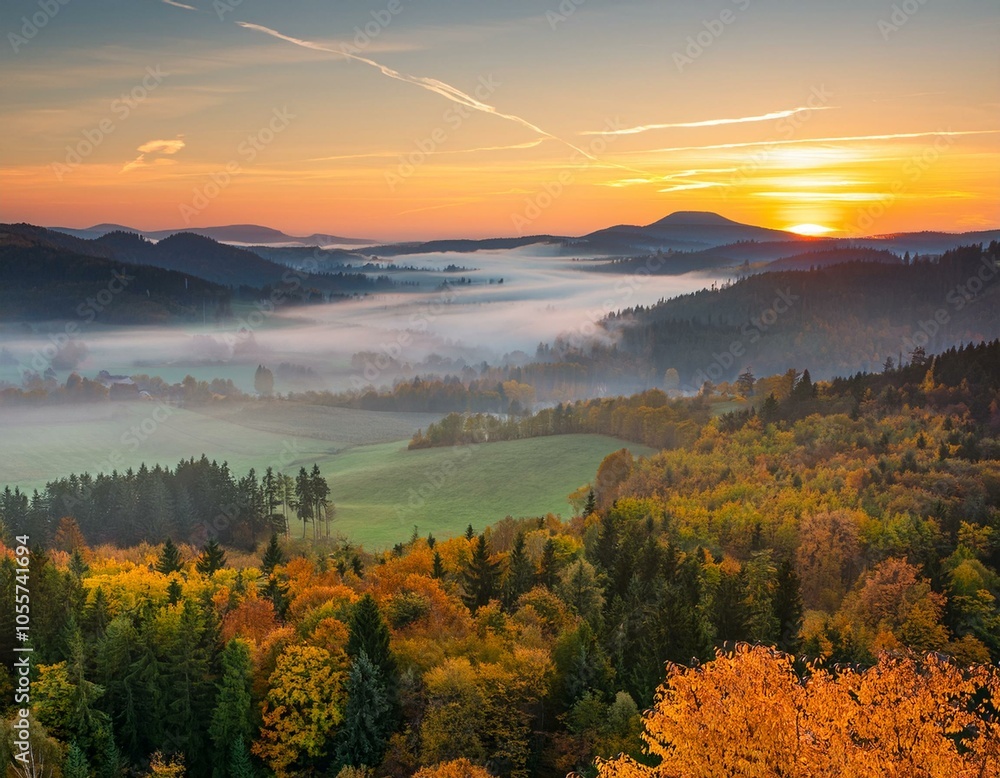 Fototapeta premium The beautiful autumn forests and sea of clouds sunrise of Singanense of China.