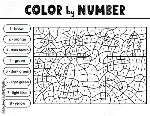 Color by number black and white activity page for kids with a cute horse. Farm animal game in outline for school and preschool. Vector illustration