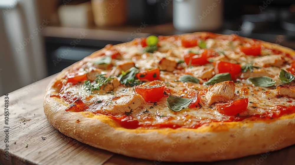 Close-up of a Delicious Pizza with Chicken, Tomatoes, and Basil Close-up of a Delicious Pizza with Chicken, Tomatoes, and Basil