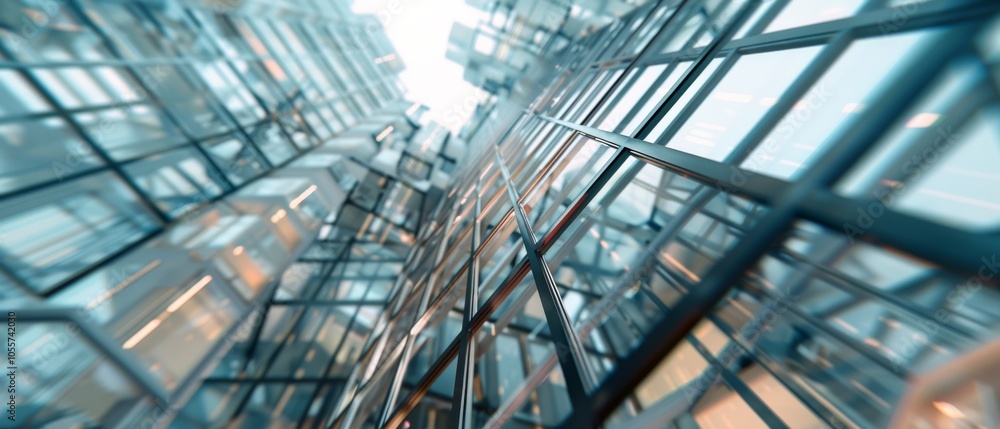 Looking up through a glass facade, skyscrapers create a dizzying maze, reflecting modernity and architectural brilliance. Looking up through a glass facade, skyscrapers create a dizzying maze, reflecting modernity and architectural brilliance.