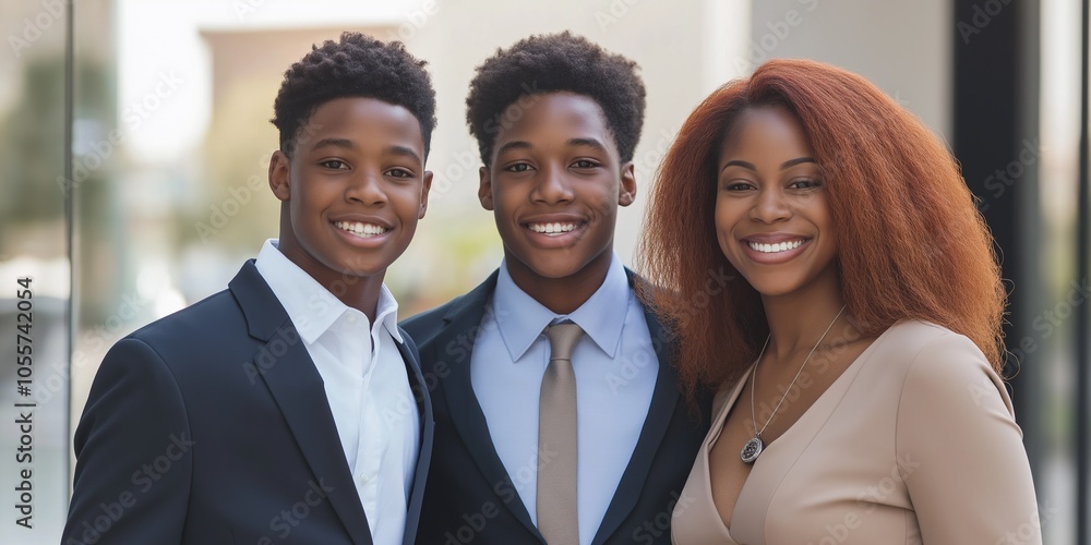 Three people are smiling for the camera. One of them is wearing a tie. The woman is wearing a necklace Three people are smiling for the camera. One of them is wearing a tie. The woman is wearing a necklace