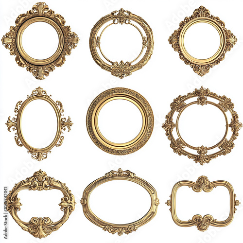 circle and flower shaped gold vintage luxury frames set on white background