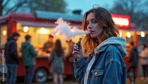 Woman smoking vape pen with focused expression. Food truck and people in background enjoying street food under cool evening light. 