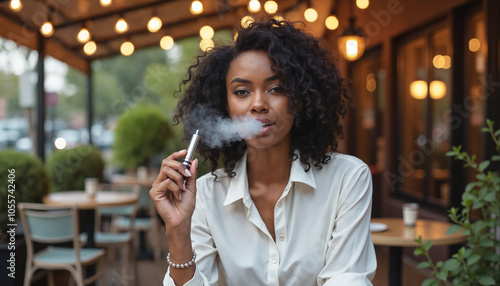 A woman sitting at an outdoor café, holding a vape pen. She is dressed in professional attire and appears to be relaxed while exhaling from the vape pen. T photo