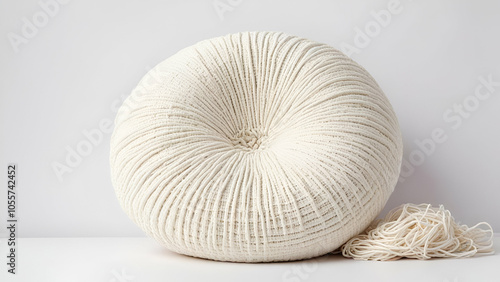 Round pillow made of cotton threads isolated on lifestyles purity simplicity bedding copy space cushion body care industry ingredient beige colors fluffy white background,