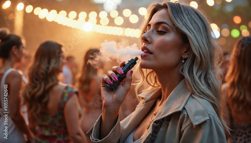 Woman smoking vape. Festival attendees in background. Urban setting, outdoor event. Warm golden hour lighting.