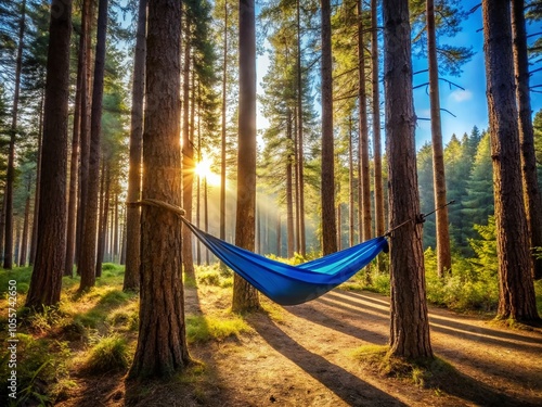 Blue Sport Hammock in Pine Forest for Family Camping and Travel Adventures