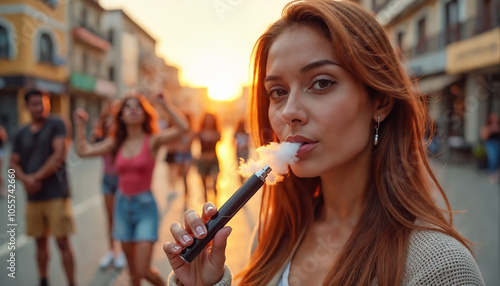 Young woman vaping on a street at sunset. She is the central figure in the image, dressed casually and wearing a cardigan over her dress. Vibrant urban scene.
