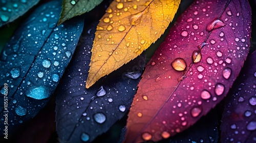 Macro photography of autumn leaves with water droplets, displaying rainbow gradient of fall colors from green to purple, with detailed textures on dark background.