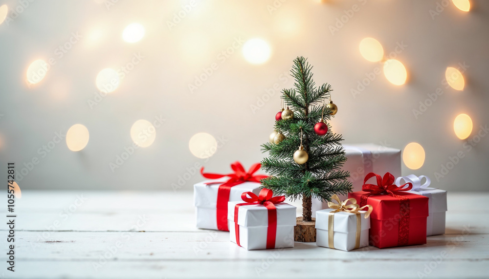 Merry Christmas and happy new year card template with small Christmas tree, gifts and copy space Merry Christmas and happy new year card template with small Christmas tree, gifts and copy space